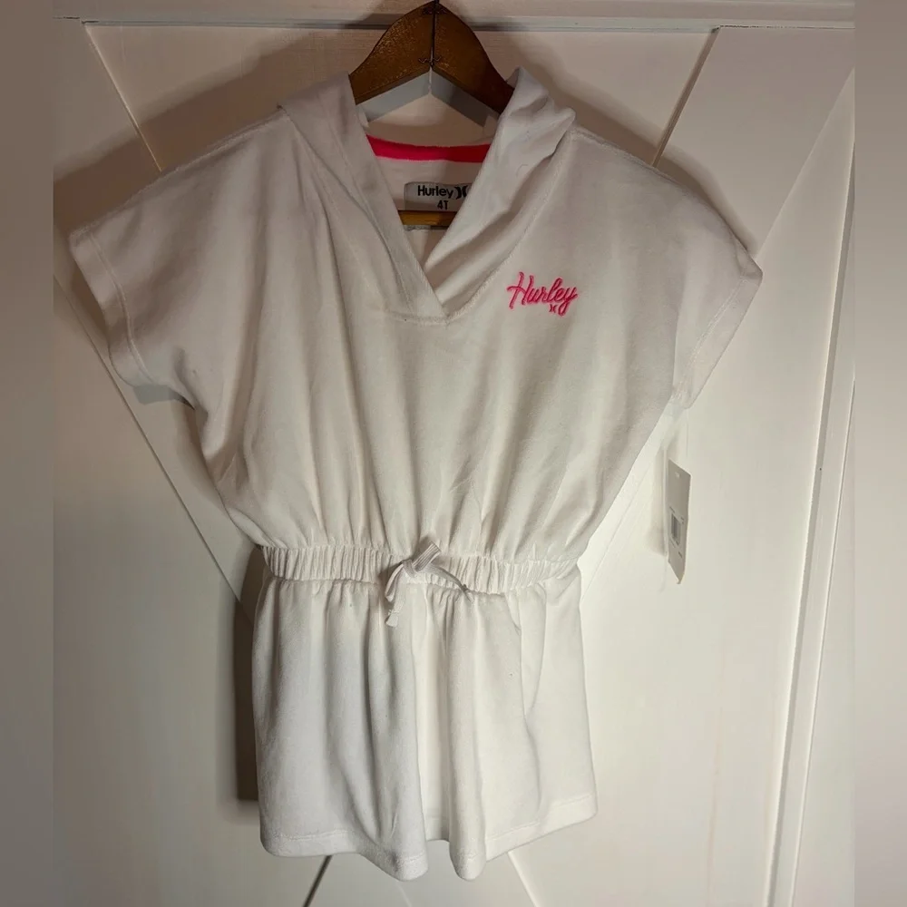 Hurley French Terry Hooded Cover up Dress White  with Pink Logo Girls 4T NWT